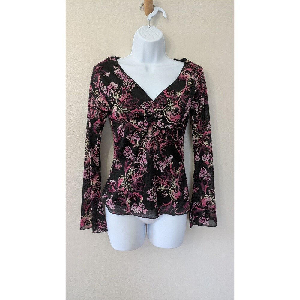 Vintage Y2K Womens Mesh Top M Floral Sheer Fairy Grunge Whimsigoth Dark Romantic